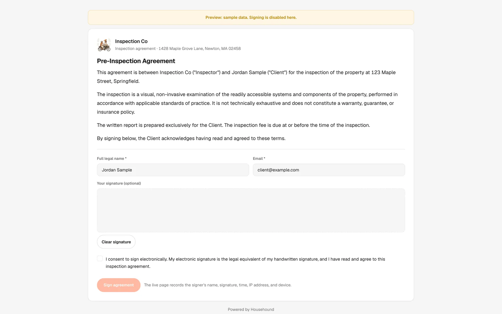 An inspection agreement, signed, with the signature line filled in.