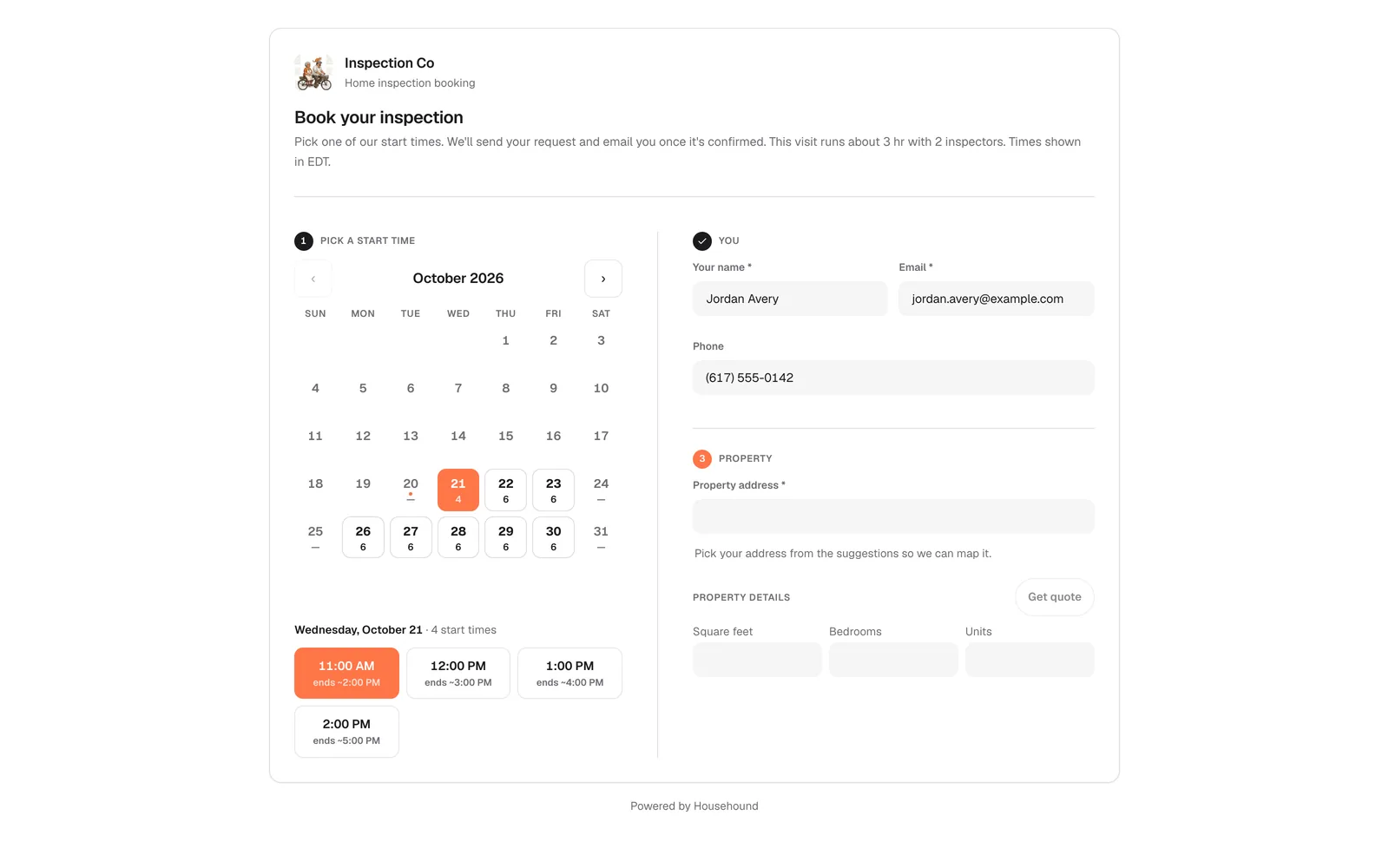 The public booking page: pick a day, pick a time, enter property details.