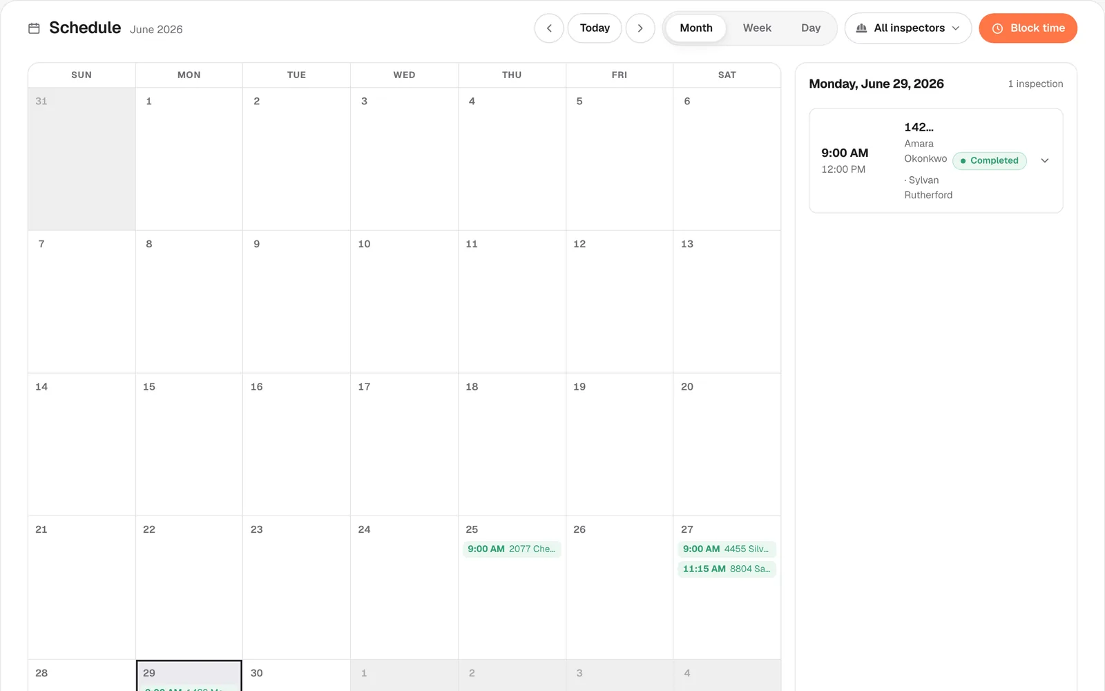 The Househound schedule, a week view with inspections placed across seven days.