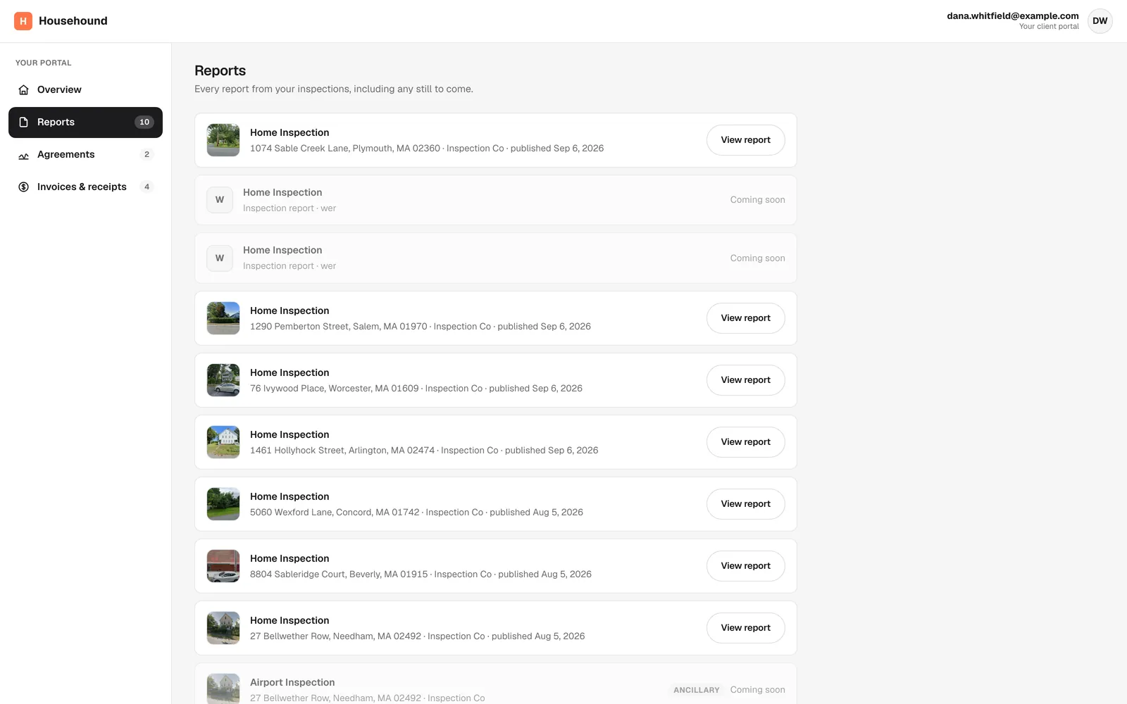 A client portal listing reports, with agreements and invoices in the sidebar.