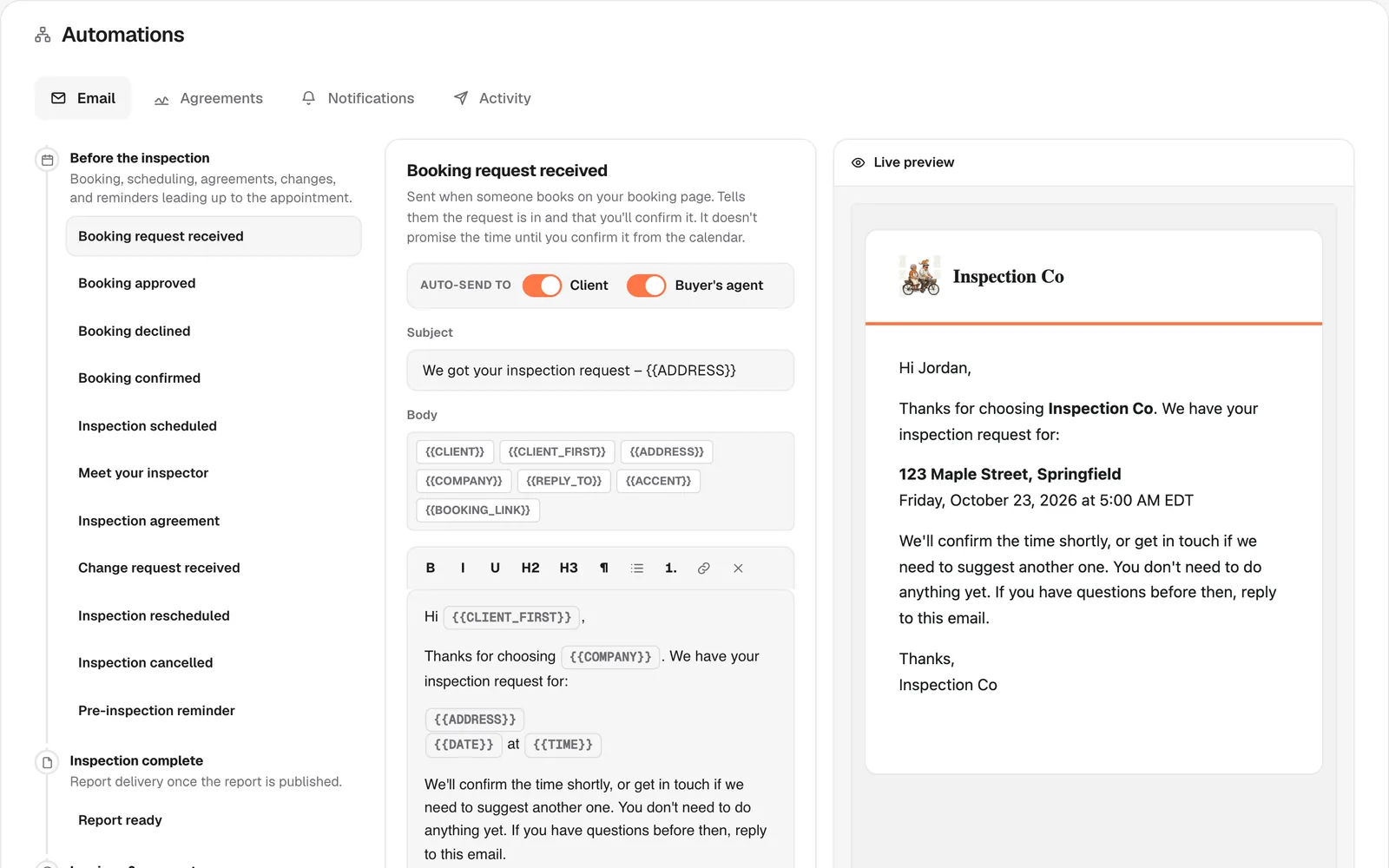 The email template editor: template list, body editor, and a live client-side preview.