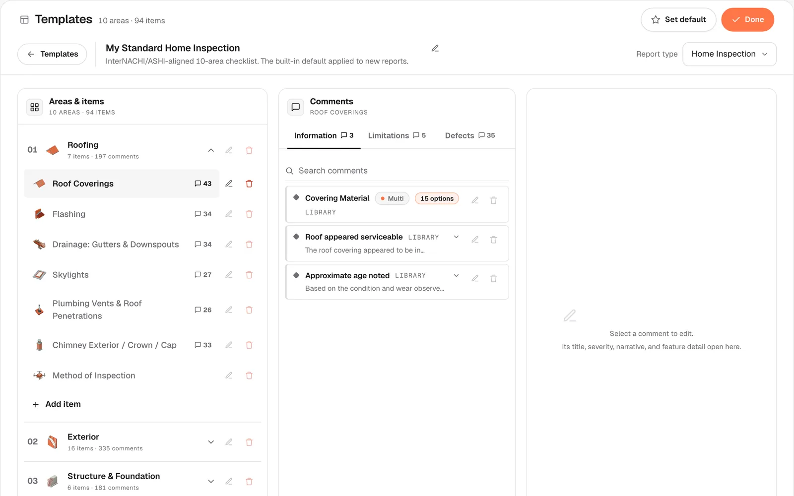 The three-column library: areas, items, and the saved comments under each.